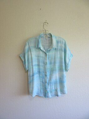 Cloth & Stone Sea Blue & Green Short Sleeve XL Collared Button Blouse
